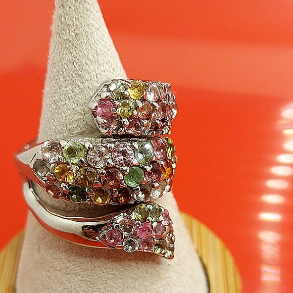 Natural Tourmaline 3mm 14K White Gold on 925 Sterling Silver Ring Sz 6.5 - Picture 9 of 10